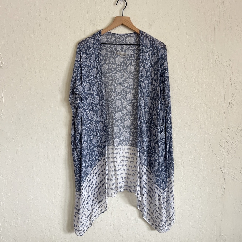 World Market Short Sleeve Open Front Kimono Topper Free Size Blue Floral Boho